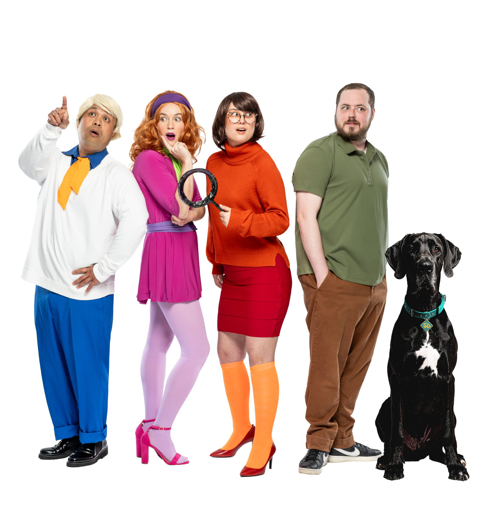 Adults dressed up as a mystery-solving crew, complete with a dog in a brown costume.